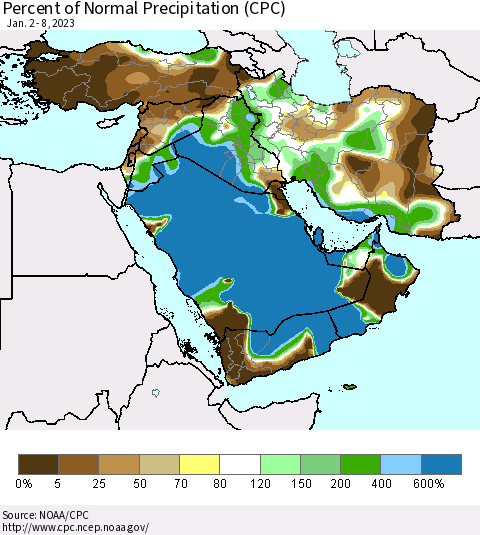 Middle East and Turkey Percent of Normal Precipitation (CPC) Thematic Map For 1/2/2023 - 1/8/2023