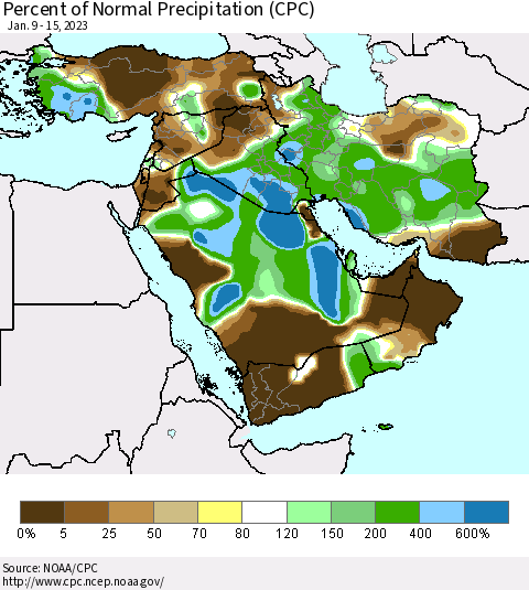 Middle East and Turkey Percent of Normal Precipitation (CPC) Thematic Map For 1/9/2023 - 1/15/2023
