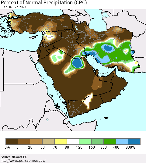 Middle East and Turkey Percent of Normal Precipitation (CPC) Thematic Map For 1/16/2023 - 1/22/2023