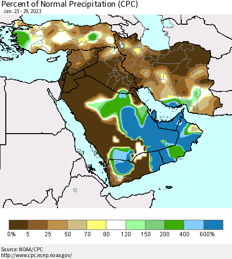 Middle East and Turkey Percent of Normal Precipitation (CPC) Thematic Map For 1/23/2023 - 1/29/2023