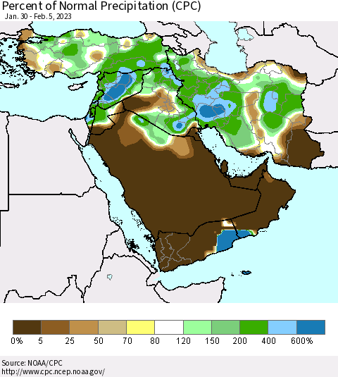 Middle East and Turkey Percent of Normal Precipitation (CPC) Thematic Map For 1/30/2023 - 2/5/2023