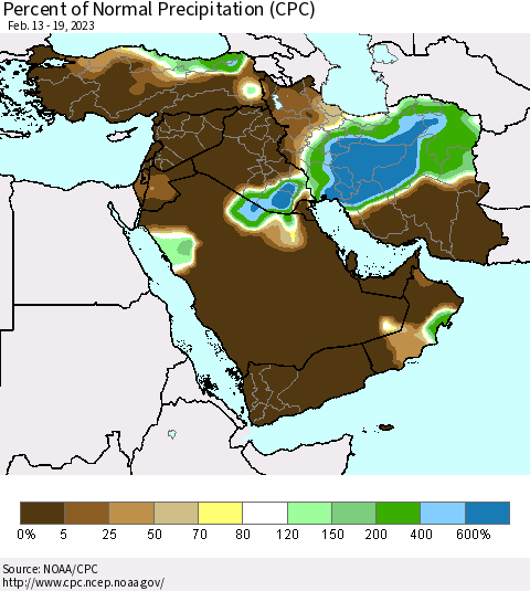Middle East and Turkey Percent of Normal Precipitation (CPC) Thematic Map For 2/13/2023 - 2/19/2023
