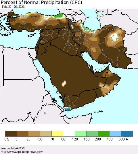 Middle East and Turkey Percent of Normal Precipitation (CPC) Thematic Map For 2/20/2023 - 2/26/2023
