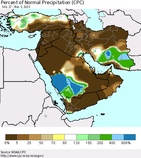 Middle East and Turkey Percent of Normal Precipitation (CPC) Thematic Map For 2/27/2023 - 3/5/2023