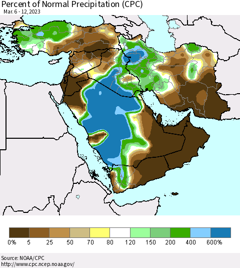 Middle East and Turkey Percent of Normal Precipitation (CPC) Thematic Map For 3/6/2023 - 3/12/2023
