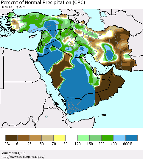 Middle East and Turkey Percent of Normal Precipitation (CPC) Thematic Map For 3/13/2023 - 3/19/2023
