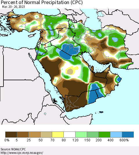 Middle East and Turkey Percent of Normal Precipitation (CPC) Thematic Map For 3/20/2023 - 3/26/2023