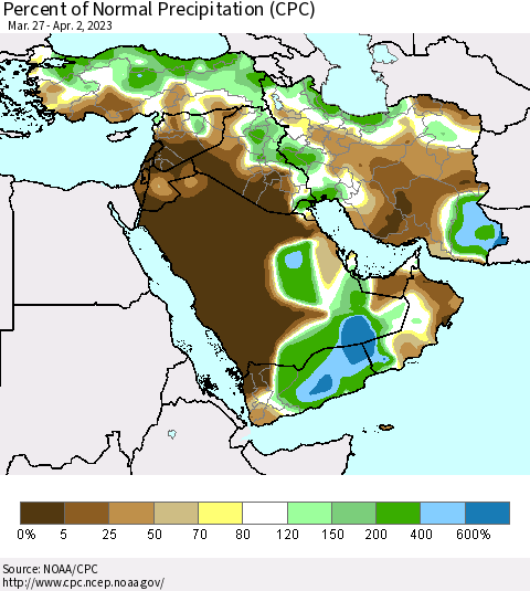 Middle East and Turkey Percent of Normal Precipitation (CPC) Thematic Map For 3/27/2023 - 4/2/2023