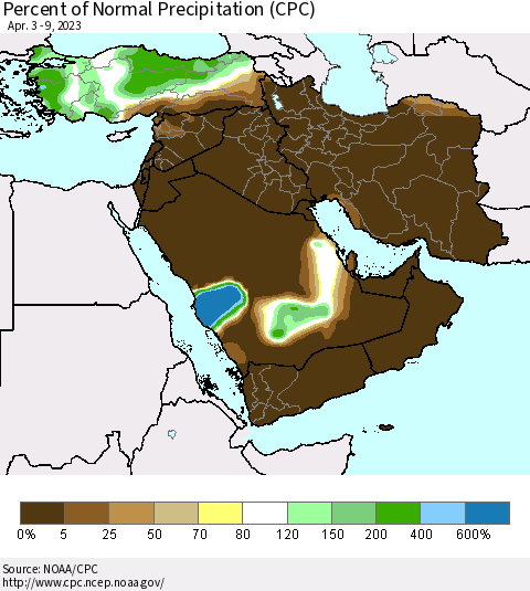 Middle East and Turkey Percent of Normal Precipitation (CPC) Thematic Map For 4/3/2023 - 4/9/2023
