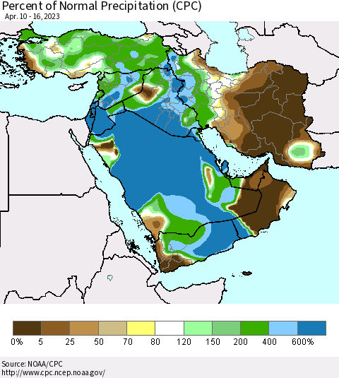 Middle East and Turkey Percent of Normal Precipitation (CPC) Thematic Map For 4/10/2023 - 4/16/2023