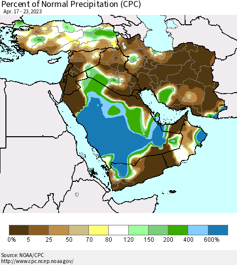 Middle East and Turkey Percent of Normal Precipitation (CPC) Thematic Map For 4/17/2023 - 4/23/2023