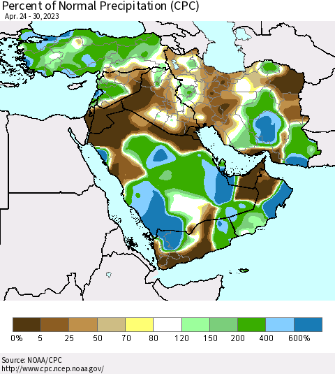 Middle East and Turkey Percent of Normal Precipitation (CPC) Thematic Map For 4/24/2023 - 4/30/2023