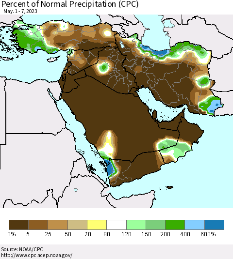 Middle East and Turkey Percent of Normal Precipitation (CPC) Thematic Map For 5/1/2023 - 5/7/2023