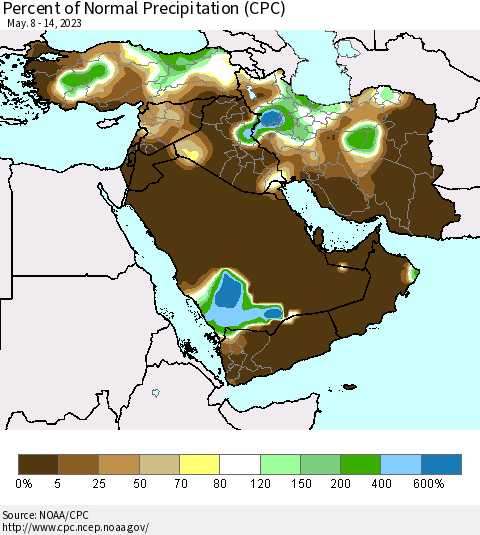 Middle East and Turkey Percent of Normal Precipitation (CPC) Thematic Map For 5/8/2023 - 5/14/2023