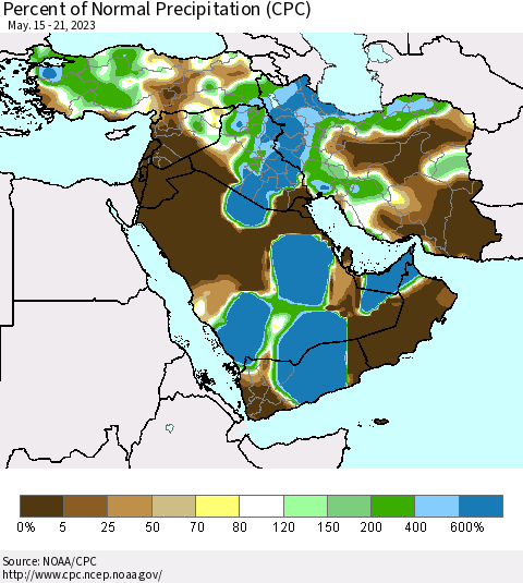Middle East and Turkey Percent of Normal Precipitation (CPC) Thematic Map For 5/15/2023 - 5/21/2023