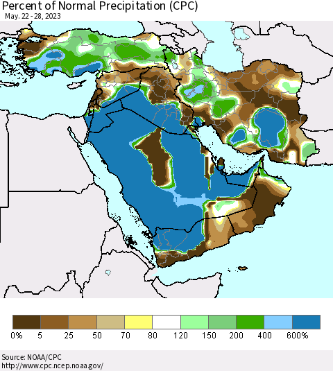 Middle East and Turkey Percent of Normal Precipitation (CPC) Thematic Map For 5/22/2023 - 5/28/2023