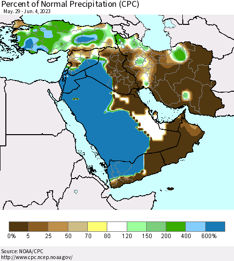 Middle East and Turkey Percent of Normal Precipitation (CPC) Thematic Map For 5/29/2023 - 6/4/2023