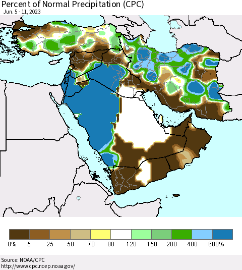 Middle East and Turkey Percent of Normal Precipitation (CPC) Thematic Map For 6/5/2023 - 6/11/2023