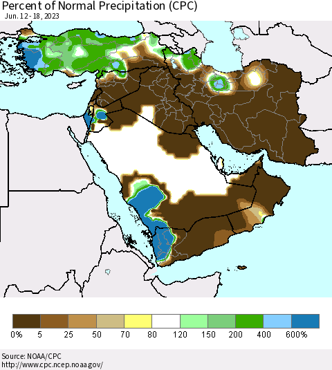 Middle East and Turkey Percent of Normal Precipitation (CPC) Thematic Map For 6/12/2023 - 6/18/2023