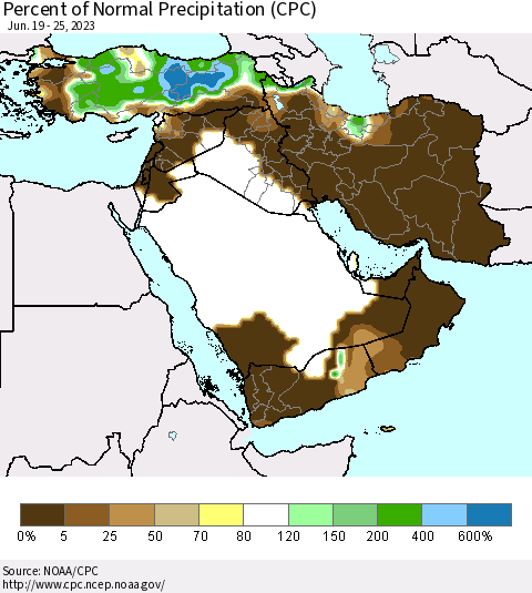 Middle East and Turkey Percent of Normal Precipitation (CPC) Thematic Map For 6/19/2023 - 6/25/2023