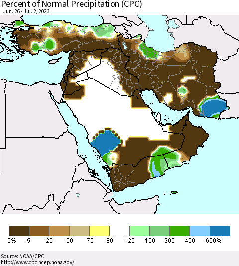 Middle East and Turkey Percent of Normal Precipitation (CPC) Thematic Map For 6/26/2023 - 7/2/2023