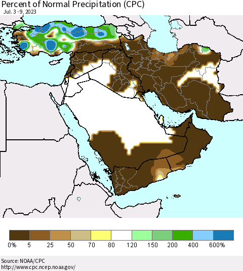 Middle East and Turkey Percent of Normal Precipitation (CPC) Thematic Map For 7/3/2023 - 7/9/2023