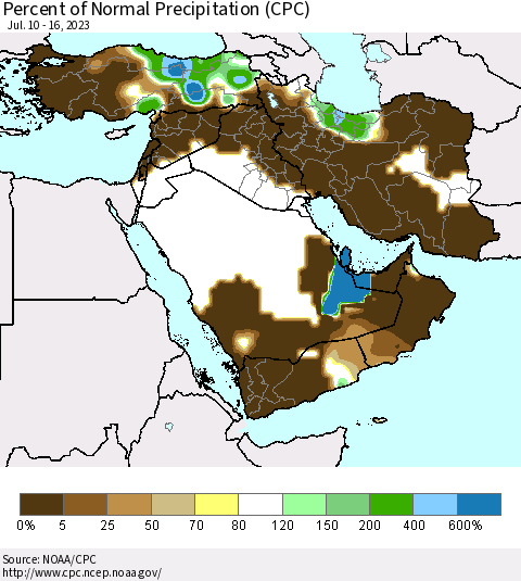 Middle East and Turkey Percent of Normal Precipitation (CPC) Thematic Map For 7/10/2023 - 7/16/2023