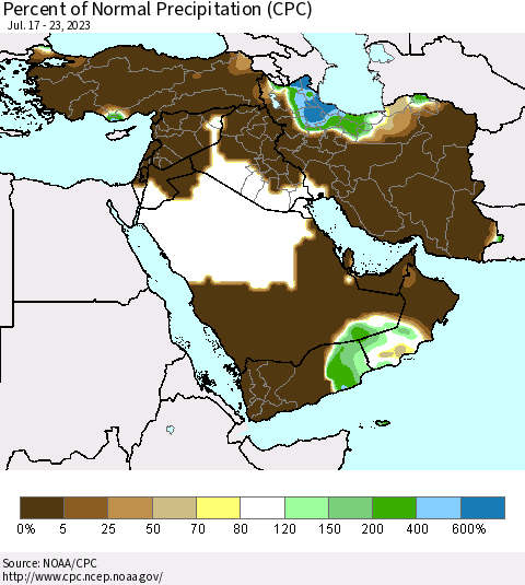 Middle East and Turkey Percent of Normal Precipitation (CPC) Thematic Map For 7/17/2023 - 7/23/2023