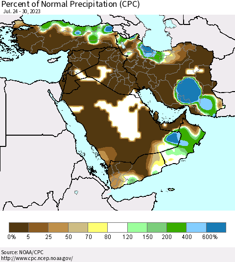Middle East and Turkey Percent of Normal Precipitation (CPC) Thematic Map For 7/24/2023 - 7/30/2023