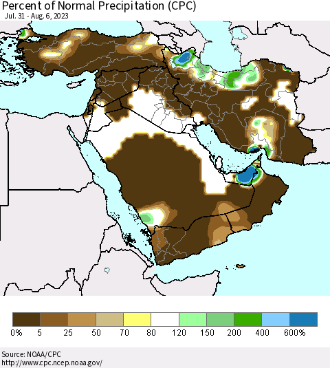 Middle East and Turkey Percent of Normal Precipitation (CPC) Thematic Map For 7/31/2023 - 8/6/2023