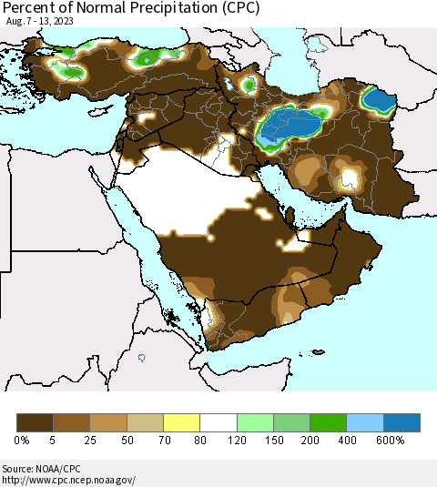 Middle East and Turkey Percent of Normal Precipitation (CPC) Thematic Map For 8/7/2023 - 8/13/2023