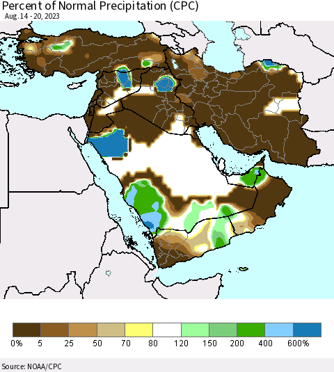 Middle East and Turkey Percent of Normal Precipitation (CPC) Thematic Map For 8/14/2023 - 8/20/2023
