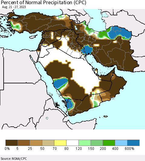 Middle East and Turkey Percent of Normal Precipitation (CPC) Thematic Map For 8/21/2023 - 8/27/2023