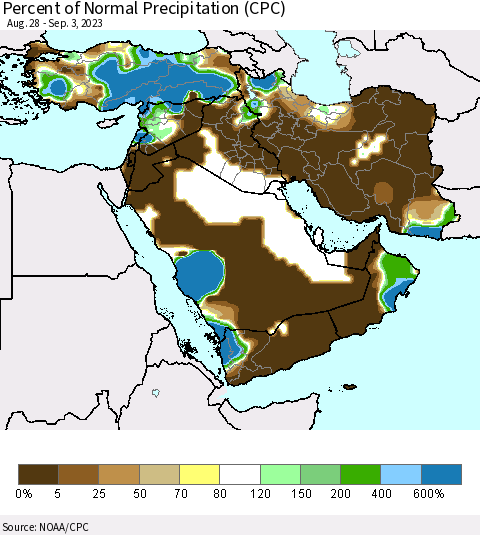 Middle East and Turkey Percent of Normal Precipitation (CPC) Thematic Map For 8/28/2023 - 9/3/2023