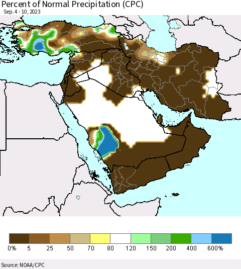 Middle East and Turkey Percent of Normal Precipitation (CPC) Thematic Map For 9/4/2023 - 9/10/2023