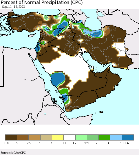 Middle East and Turkey Percent of Normal Precipitation (CPC) Thematic Map For 9/11/2023 - 9/17/2023