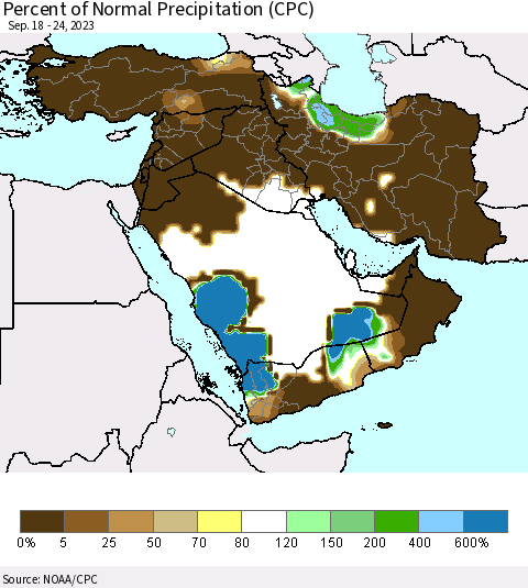 Middle East and Turkey Percent of Normal Precipitation (CPC) Thematic Map For 9/18/2023 - 9/24/2023