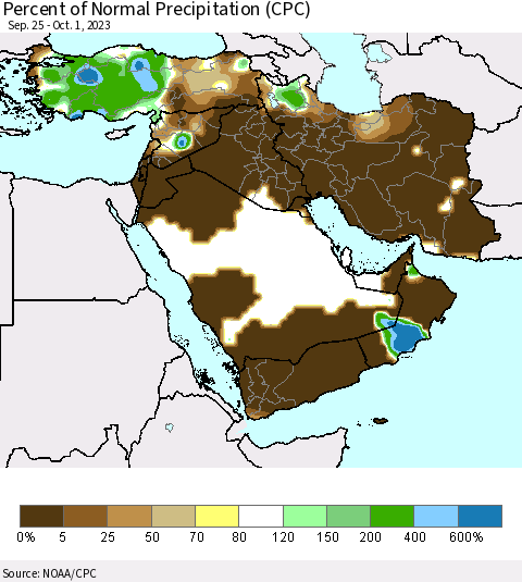 Middle East and Turkey Percent of Normal Precipitation (CPC) Thematic Map For 9/25/2023 - 10/1/2023