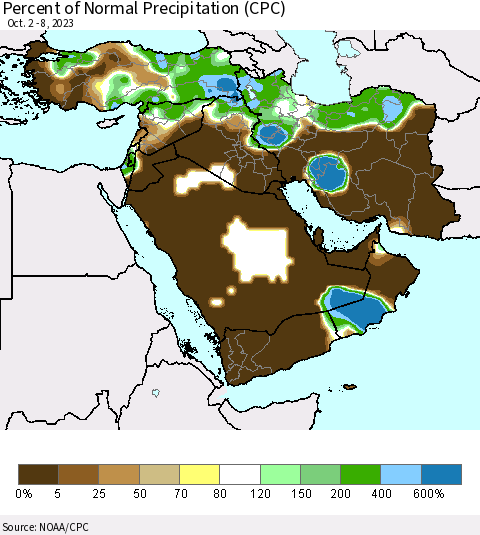 Middle East and Turkey Percent of Normal Precipitation (CPC) Thematic Map For 10/2/2023 - 10/8/2023