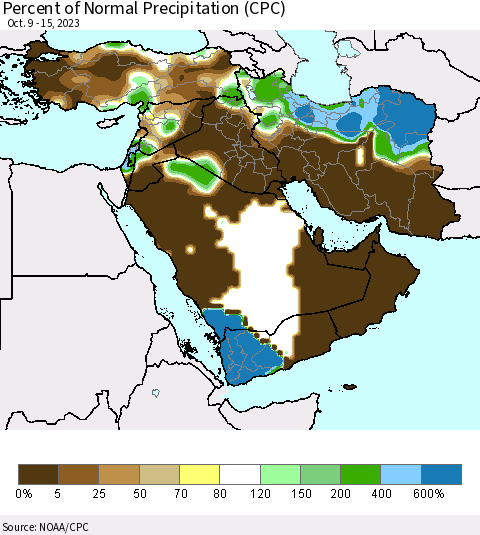 Middle East and Turkey Percent of Normal Precipitation (CPC) Thematic Map For 10/9/2023 - 10/15/2023