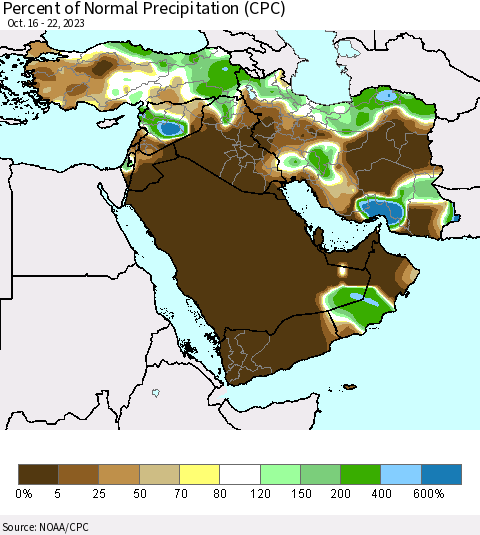 Middle East and Turkey Percent of Normal Precipitation (CPC) Thematic Map For 10/16/2023 - 10/22/2023