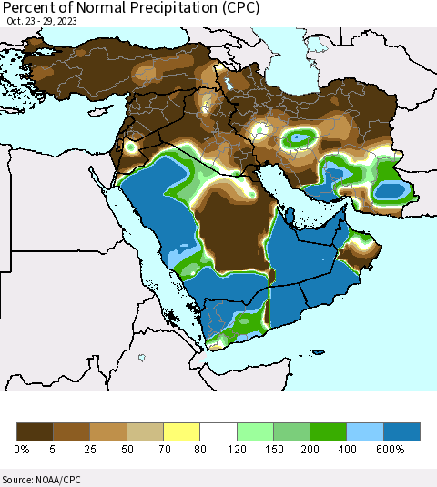 Middle East and Turkey Percent of Normal Precipitation (CPC) Thematic Map For 10/23/2023 - 10/29/2023