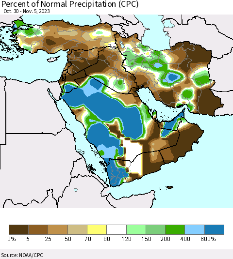 Middle East and Turkey Percent of Normal Precipitation (CPC) Thematic Map For 10/30/2023 - 11/5/2023
