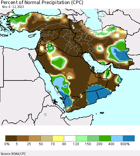 Middle East and Turkey Percent of Normal Precipitation (CPC) Thematic Map For 11/6/2023 - 11/12/2023