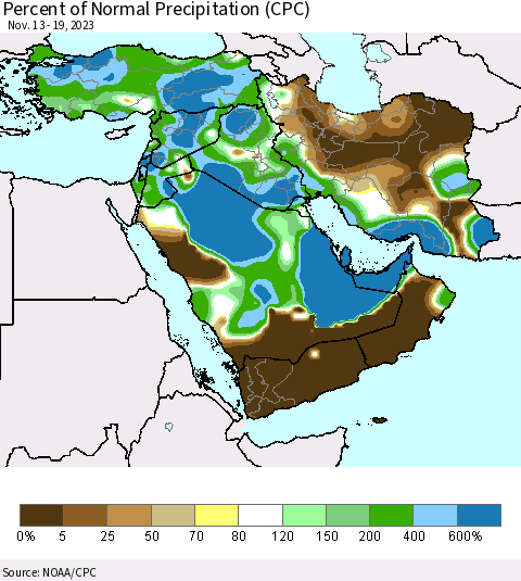 Middle East and Turkey Percent of Normal Precipitation (CPC) Thematic Map For 11/13/2023 - 11/19/2023