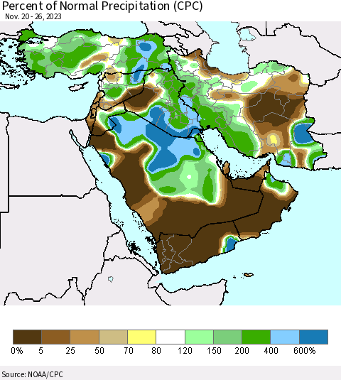 Middle East and Turkey Percent of Normal Precipitation (CPC) Thematic Map For 11/20/2023 - 11/26/2023