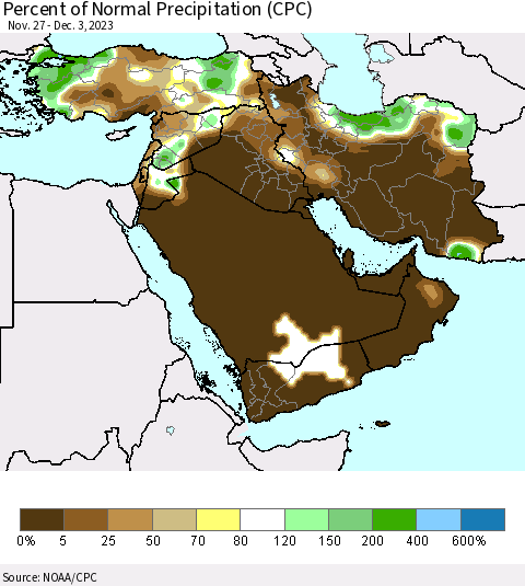 Middle East and Turkey Percent of Normal Precipitation (CPC) Thematic Map For 11/27/2023 - 12/3/2023