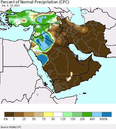 Middle East and Turkey Percent of Normal Precipitation (CPC) Thematic Map For 12/4/2023 - 12/10/2023