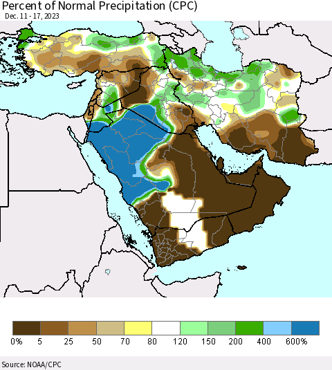Middle East and Turkey Percent of Normal Precipitation (CPC) Thematic Map For 12/11/2023 - 12/17/2023