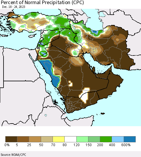 Middle East and Turkey Percent of Normal Precipitation (CPC) Thematic Map For 12/18/2023 - 12/24/2023